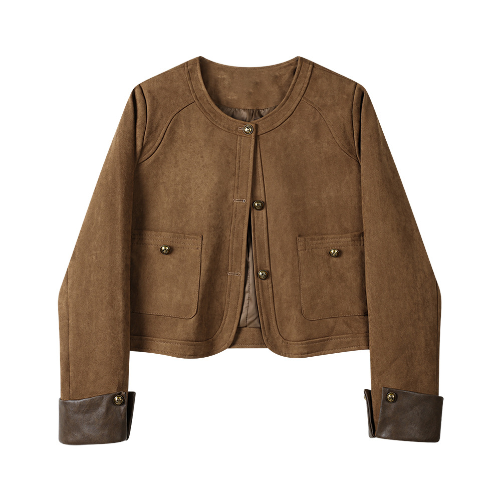 in stock Design Short Stitching Suede Jacket Women's Autumn American Style Retro Biker Jacket