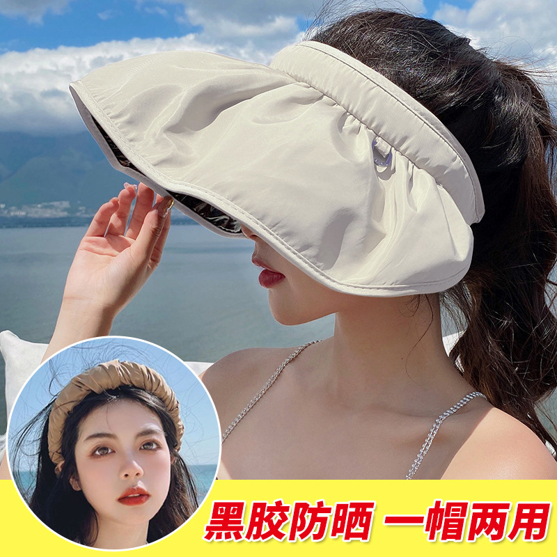 夏季大帽檐贝壳帽黑胶防晒遮阳帽女网红遮脸空顶帽可卷发箍贝壳帽-阿里巴巴