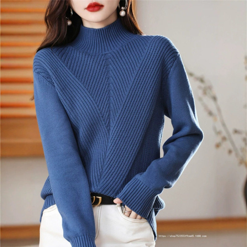 Heavyweight Thickened Anti-Pilling Sweater with Half-High Collar, Solid Color, Long Sleeves, Pullover Knitwear for Women, Non-Cotton, Loose Fit, Black