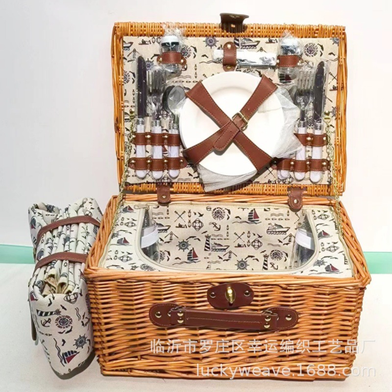 Cesta de picnic de mimbre para 4 personas, cesta de picnic de ratán, cesta de picnic para exteriores, cesta de picnic de sauce, en stock, dropshipping disponible