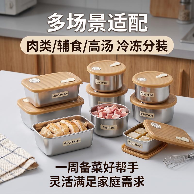 Frozen meat preservation box made of 304 stainless steel, stackable for saving space in the refrigerator, suitable for storing broth and baby food, with a mirror-finish interior wall for easy cleaning Frozen meat preservation box made of 304 stainless steel, stackable for saving space in the refrigerator, suitable for storing broth and baby food, with a mirror-finish interior wall for easy cleaning