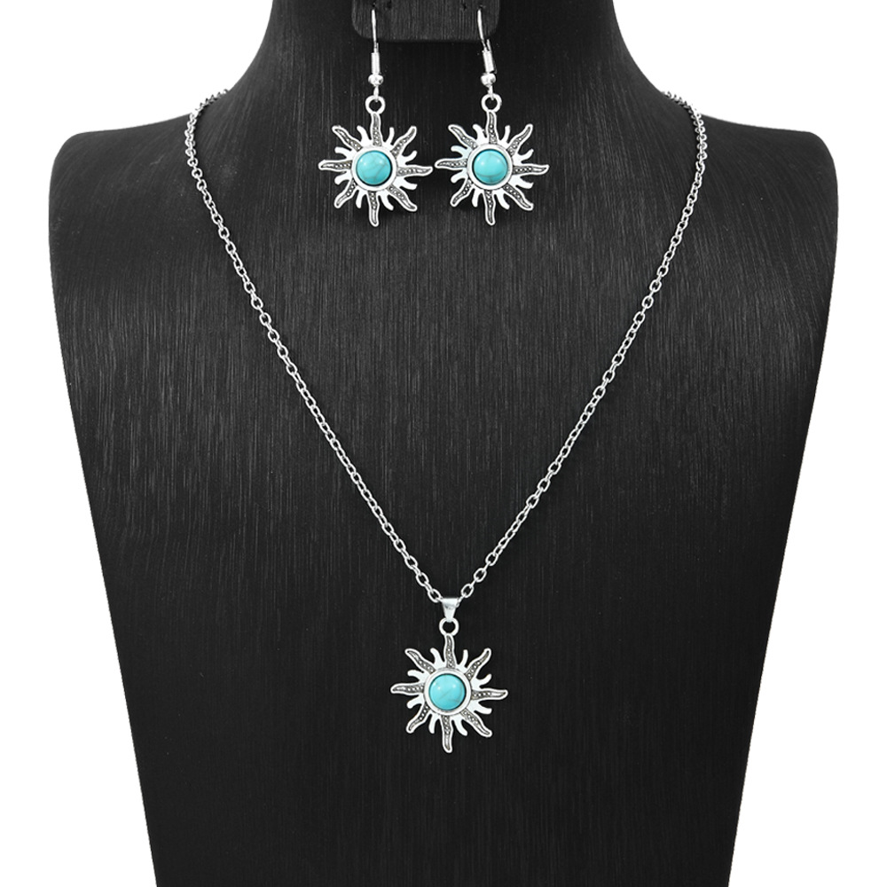 Cross-border Amazon popular estilo étnico pendientes europeos y americanos turquesa retro estilo nacional pendientes collar traje joyería