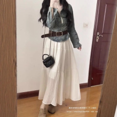复古港风牛仔衬衫套装女夏高腰显瘦褶皱半身裙气质修身Polo领上衣