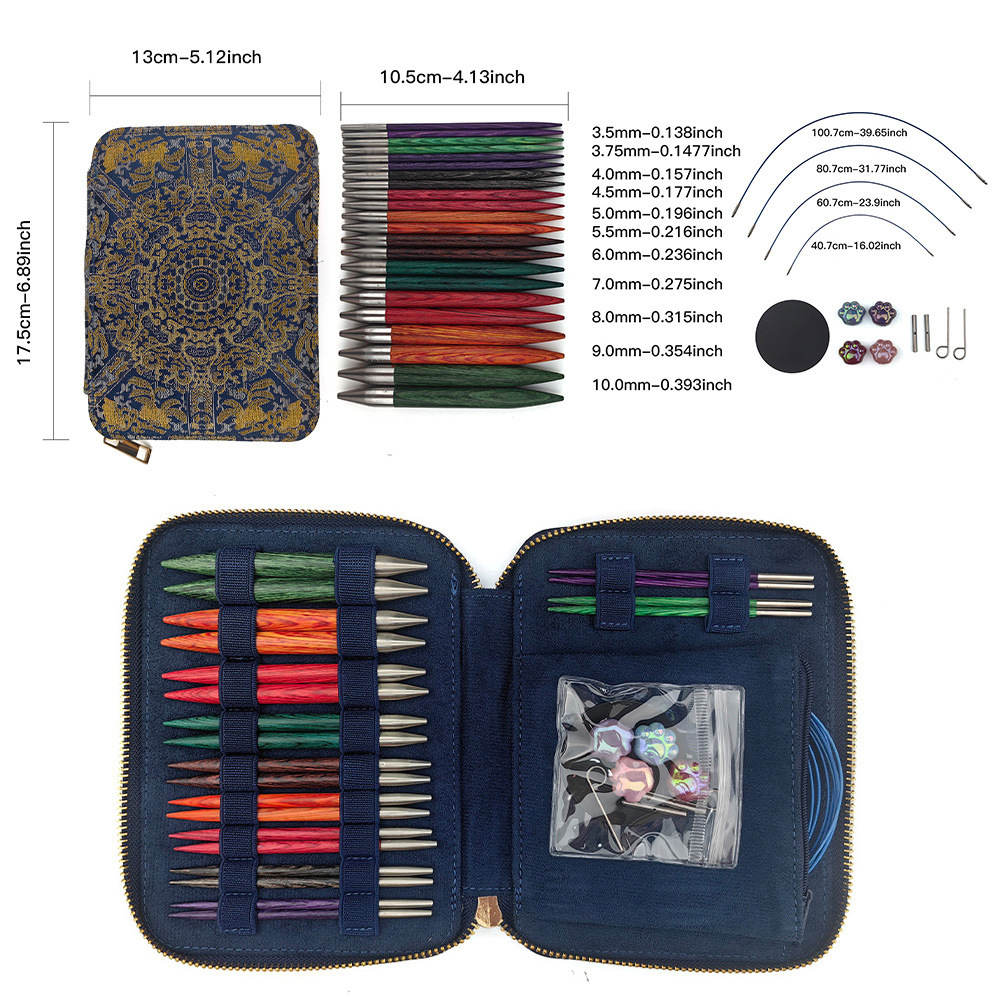 Herramientas de tejido transfronterizas Aguja de anillo desmontable de madera de color Juego de 11 piezas de aguja de anillo desmontable de madera de color mágico sintético