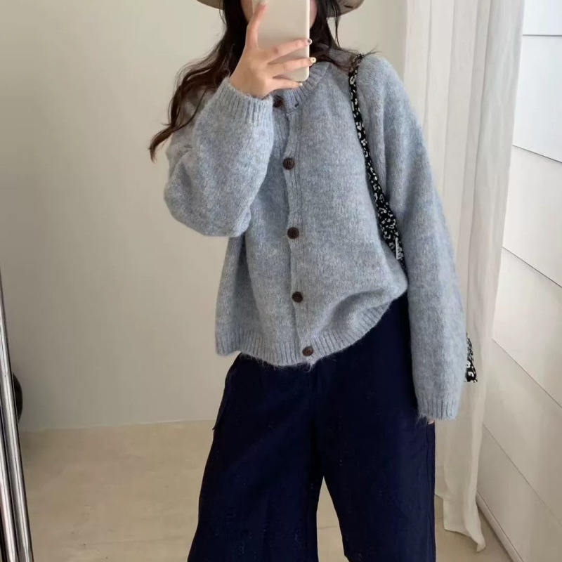 彩纱韩系百搭少女风圆领针织开衫外套秋冬新款时尚减龄毛衣上衣女|undefined