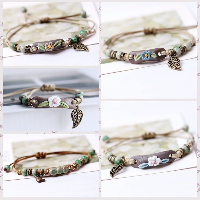 New Ceramic Hand Kneading Stone Sealing Flower Series Bracelet Women's Compendium Pottery Mud Color Pole Flower Leaf Style