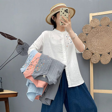 厂家直销 双层棉纱五分袖衬衫女夏季新款立领刺绣全棉中袖衬衣