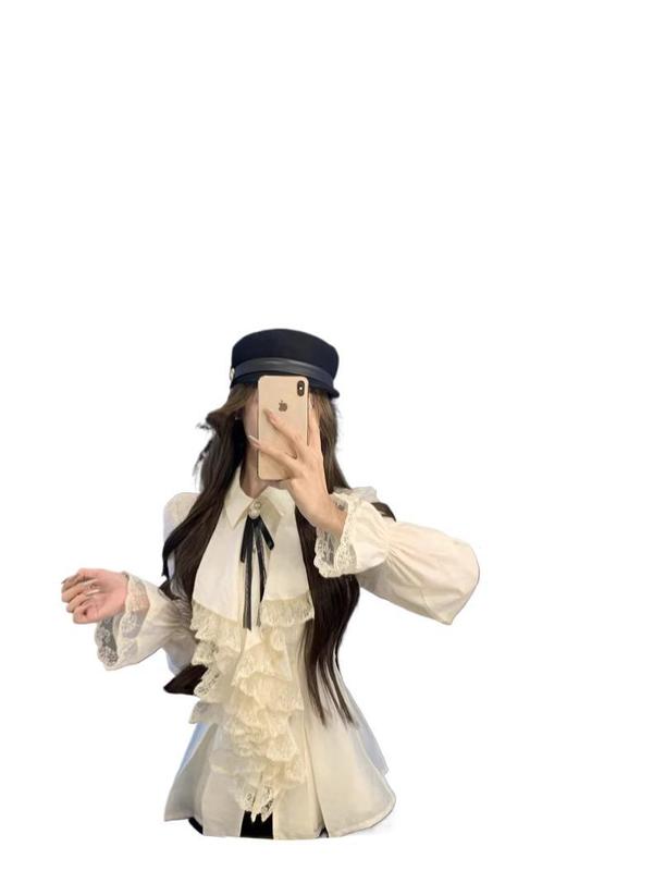 千金风法式蕾丝荷叶边长袖衬衫女2025秋季新款显瘦米杏色上衣|undefined
