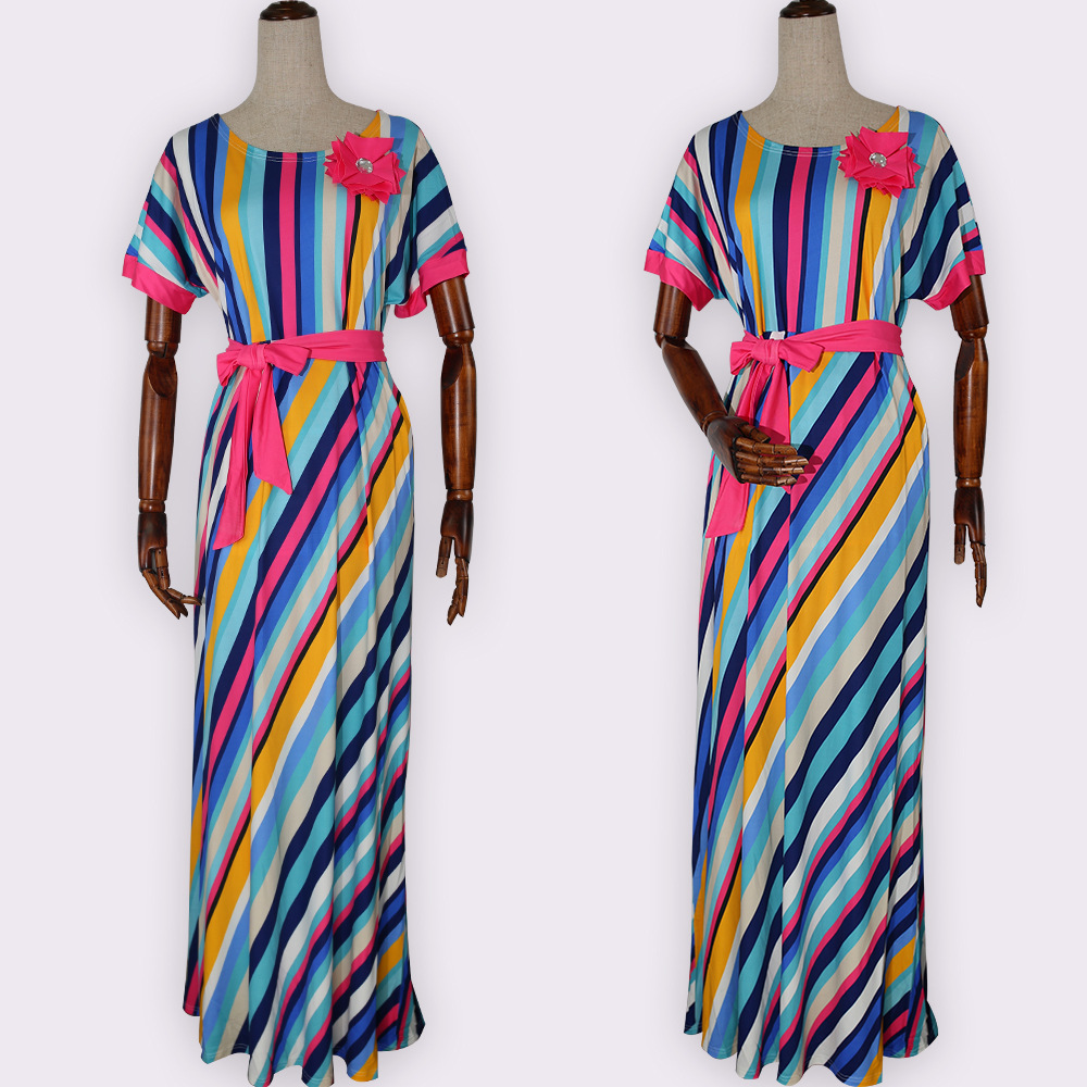 Cross-border source AliExpress Amazon color striped belt * chest flower African large size women's dress