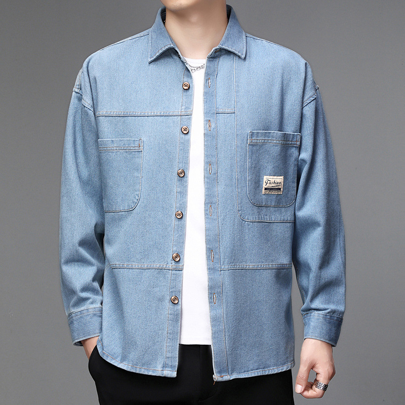 Denim Long-Sleeved Shirt Men's Korean Style Loose and Versatile Washed Denim Shirt Jacket Hong Kong Style Spring and Autumn Casual Shirt