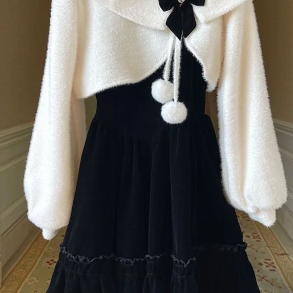 Tweed Style Princess Dress Suit for Women Autumn and Winter Bow Shawl Woolen Blouse Black Suspender Dress