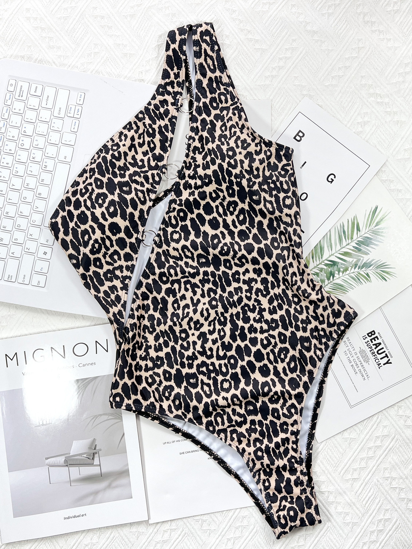 leopard print hollow strap one-piece swimsuit NSDA135015