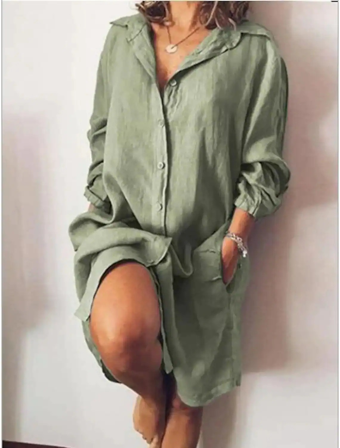 Damen-Strickjacke mit langen Ärmeln, einfarbig, mittellang, aus Baumwoll-Leinen-Mischgewebe, einreihig, lässiges Hemd_voghion.com