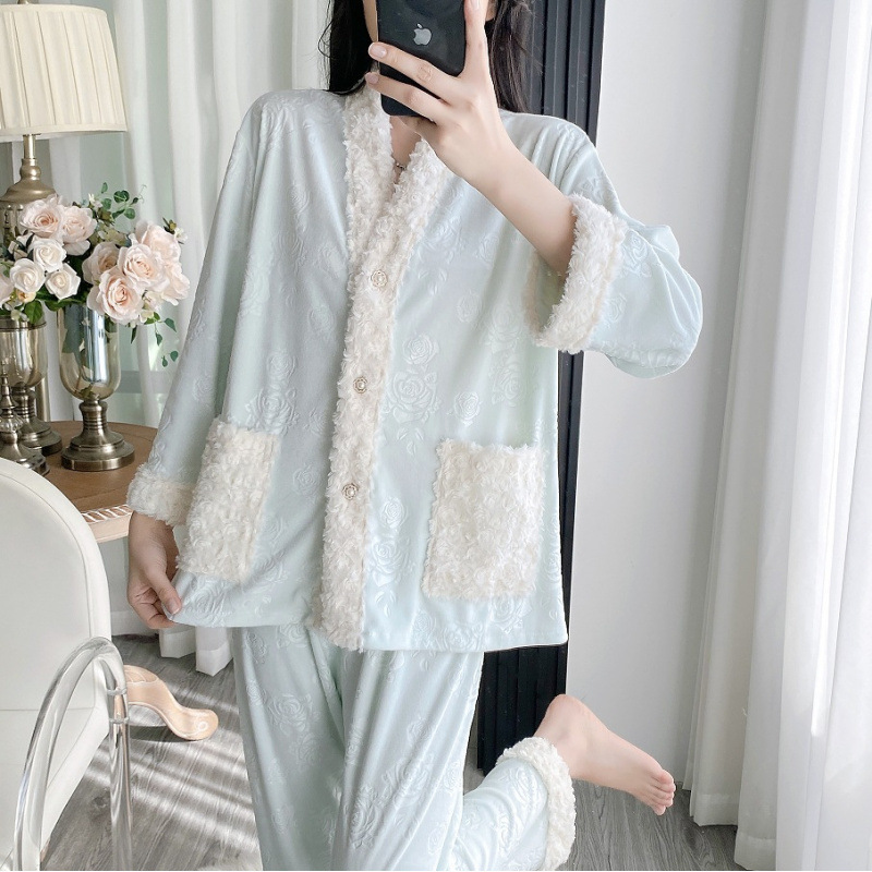 【海岛绒山茶花】睡衣女海岛绒秋冬加厚法式高级感保暖家居服|undefined