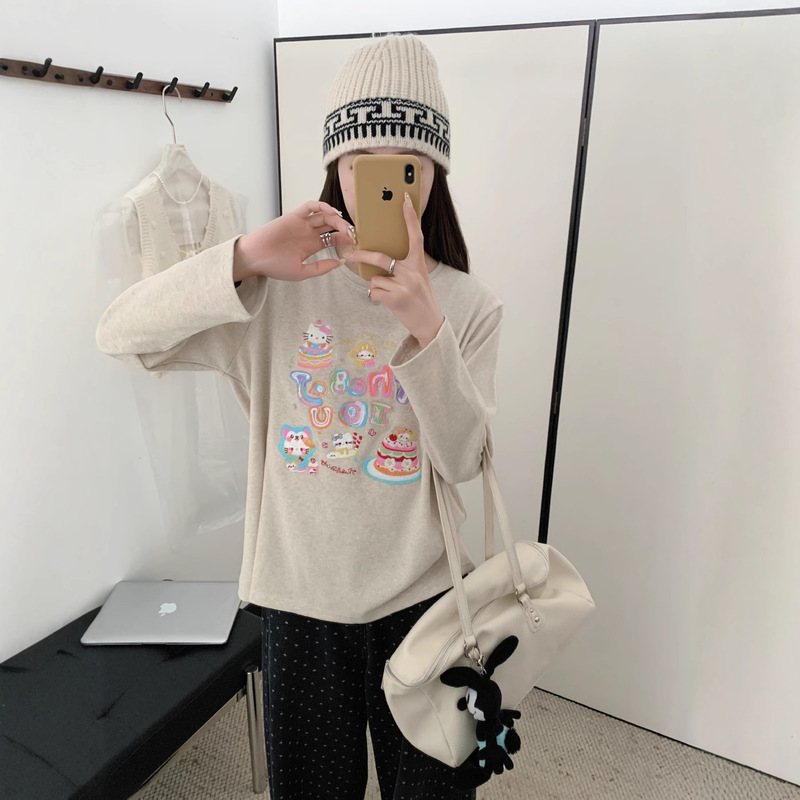 秋季新款韩版休闲时尚减龄重工卡通刺绣宽松长袖T恤打底衫女1135|undefined