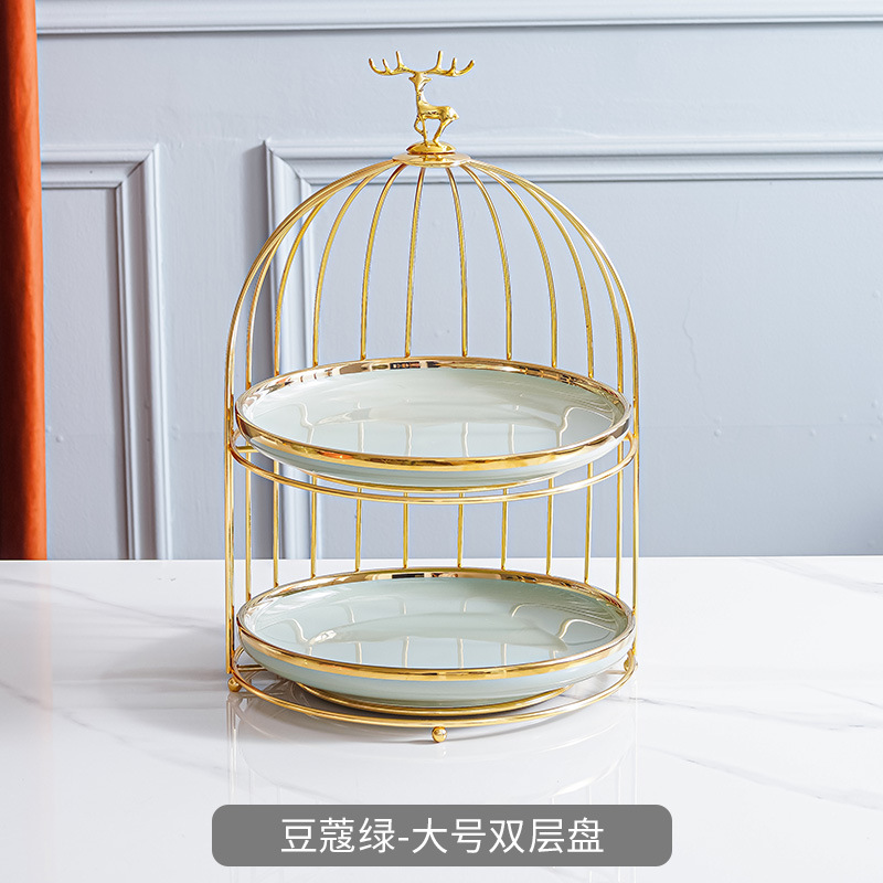 Plato de fruta de cerámica de lujo ligero mesa de café de la sala de estar cesta de frutas en casa plato de pastel de caramelo creativo adornos de almacenamiento de postre de doble capa