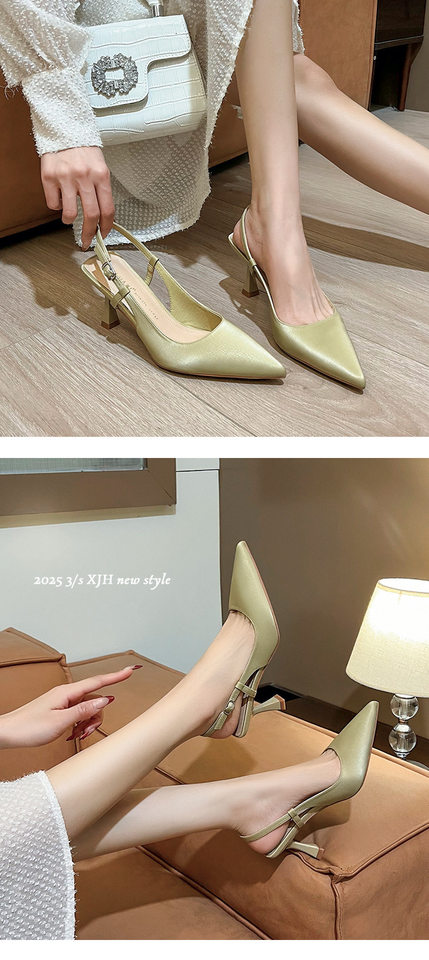 Giày sandal nữ bít mũi mũi nhọn gót mảnh quai ngang, gót 6–8 cm — Màu nâu, Màu trắng be, Màu vàng nhạt chi tiết 11