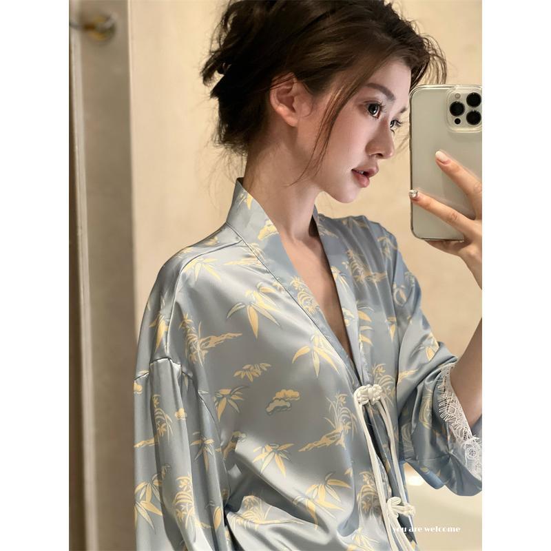 새로운 중국 스타일 국가 스타일 아이스 실크 잠옷 여자의 봄과 가을 고급 빛 럭셔리 사교계 우아한 블루 실크 투피스 세트