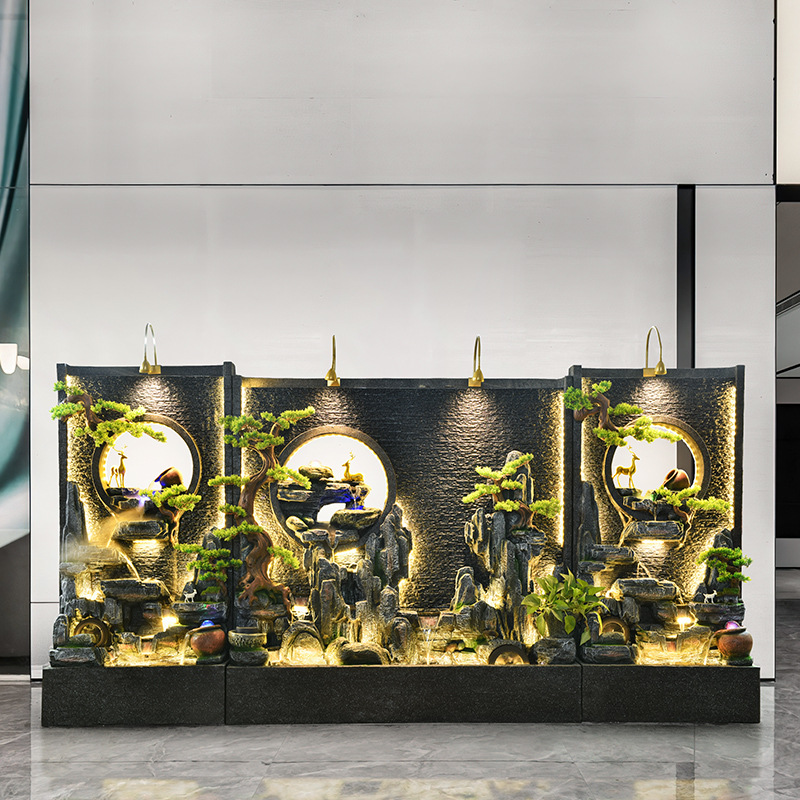 大型水幕墙流水喷泉假山陶罐摆件酒店办公室内客厅风水轮景观