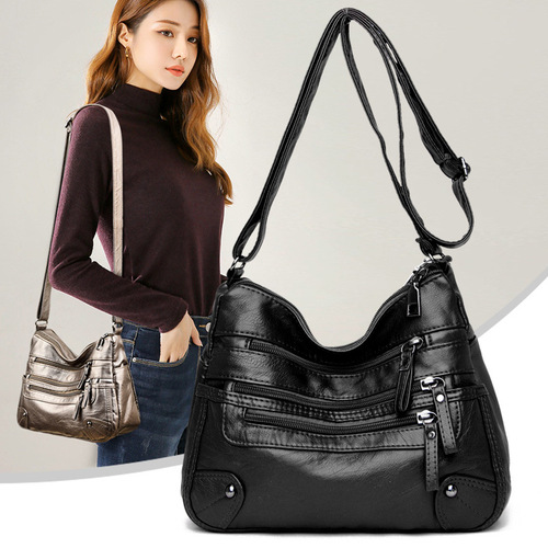 Soft leather bag for middle-aged women 2025, with multiple pockets, unisex shoulder and crossbody bag, suitable for middle-aged mothers.