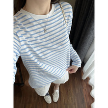 复古航海系条纹T！竹节匹马棉撞色条纹T恤早秋宽松慵懒防晒罩衫