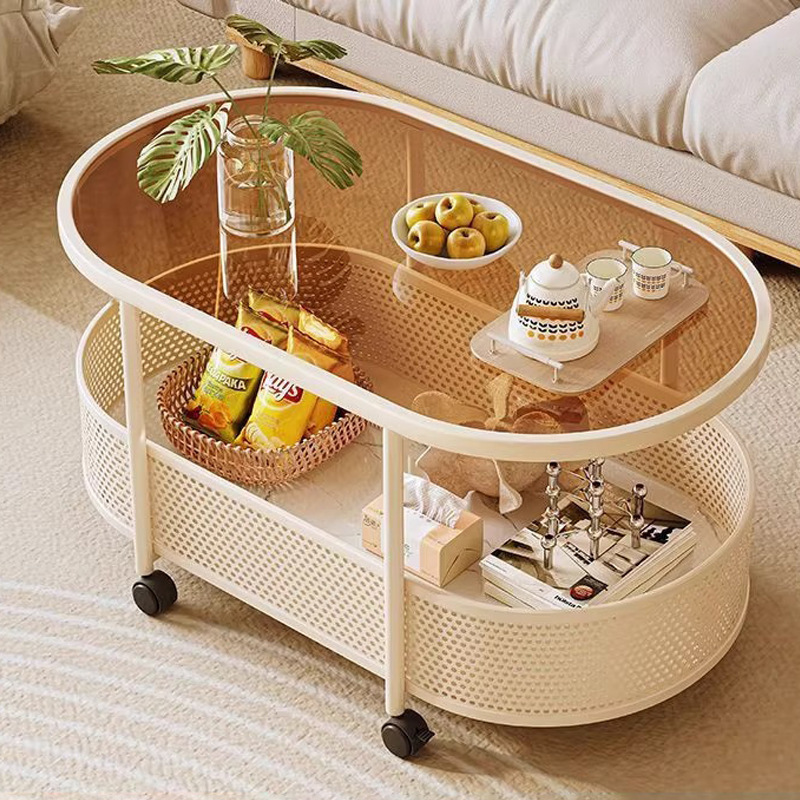 Movable Sofa Side Table Tempered Glass Coffee Table Modern Small Table Bedside Side Cabinet Small Apartment Trolley