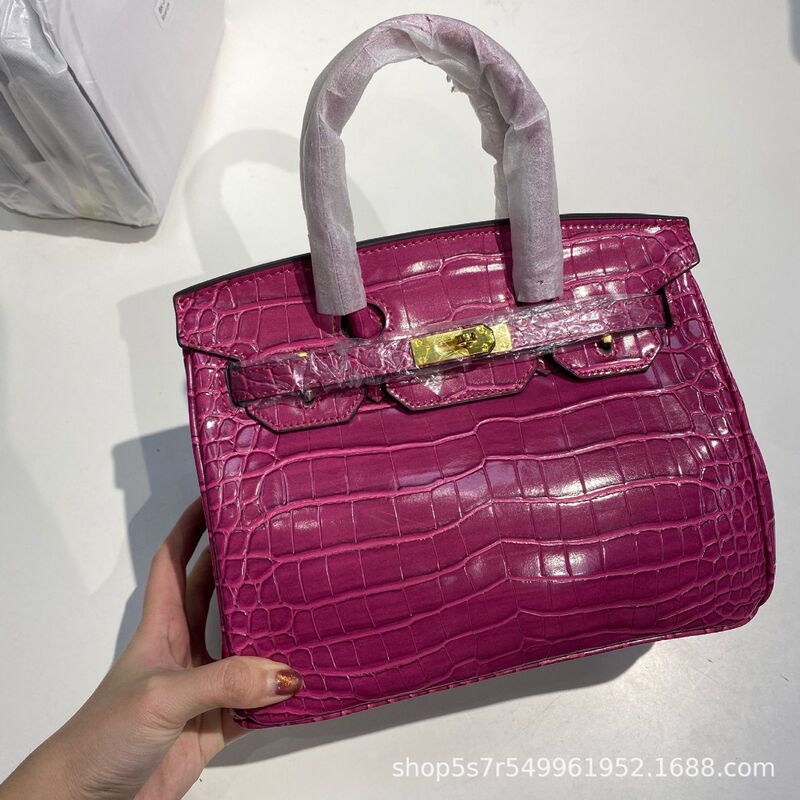 Lock-Shaped Crocodile Pattern Stone Pattern Platinum Bag for Women, Genuine Leather, Large Capacity, Single Shoulder, Crossbody, Vintage Factory Sale, Handbag