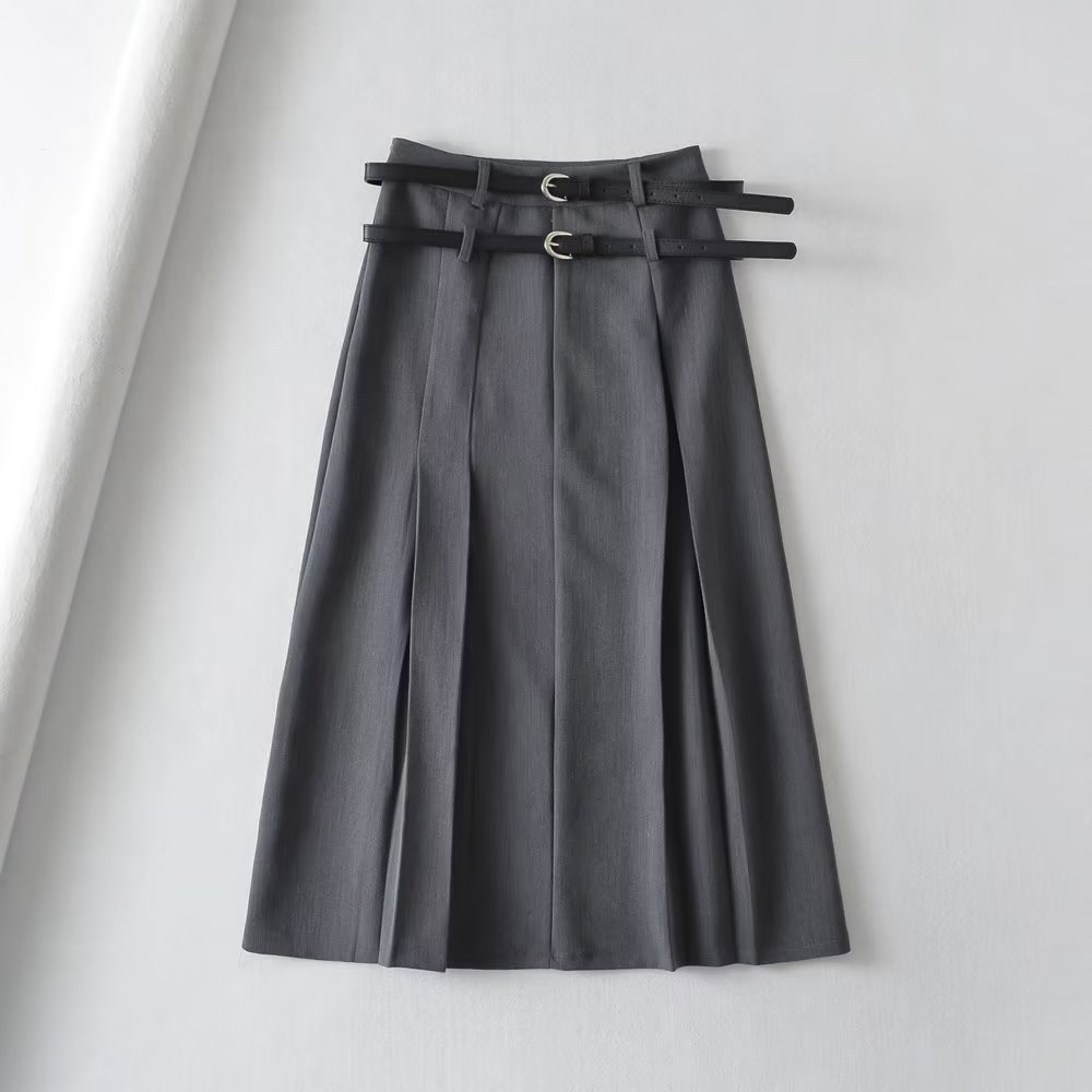 pleated solid color Double belt high waist A-line skirt NSXDX137328