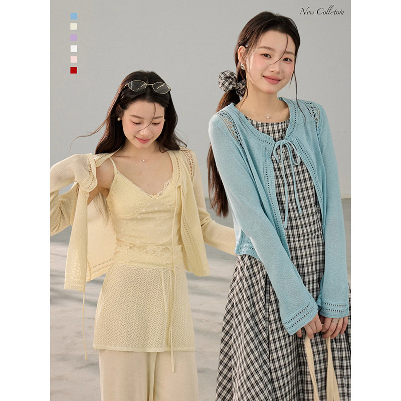 [Sweet Peach Afternoon Tea] Goming Retro Cut-Out Lace-Up Knitwear Women's Spring Long-Sleeved Cardigan Bn0144D