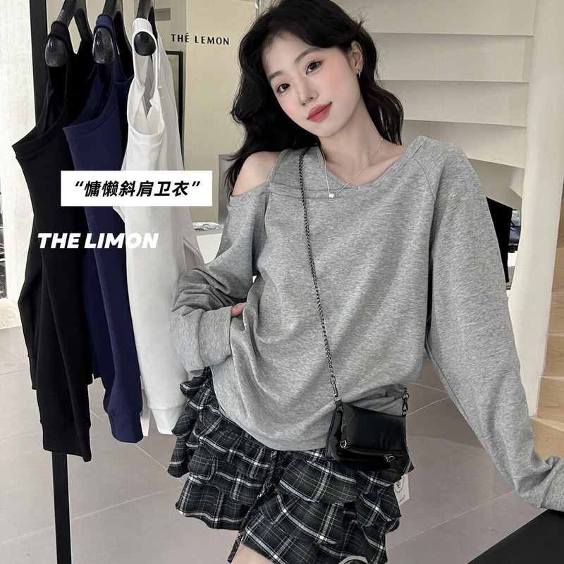 thelimon2025秋季新款美式设计感斜肩露肩长袖卫衣女宽松显瘦上衣|undefined