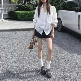 韩版感白色长袖收腰衬衫女秋季小众复古上衣源头工厂微弹其它