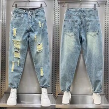 弹力九分牛仔裤男修身小脚裤夏季2024新款男装破洞休闲乞丐裤子男