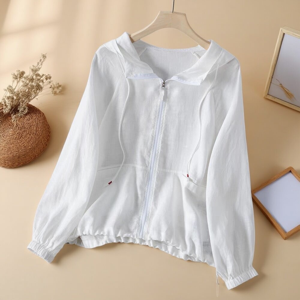 [In Stock] Summer Hemp Sun Protection Jacket Women's Hooded Thin Outerwear, Literary Casual Loose Versatile Top 6036