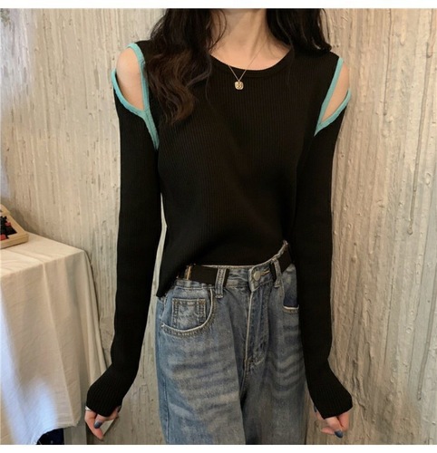 Designer Style Niche Cleavage Revealing Spring and Autumn  New Arrival Base Layer Crewneck Long Sleeve Knit Top Women's Innerwear Top