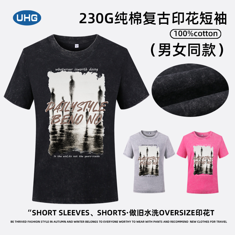UGG Summer Heavyweight Pure Cotton American Style Short Sleeve T-Shirt Top for Unisex Men and Women Loose Plus Size Washable Print Shirt Trendy