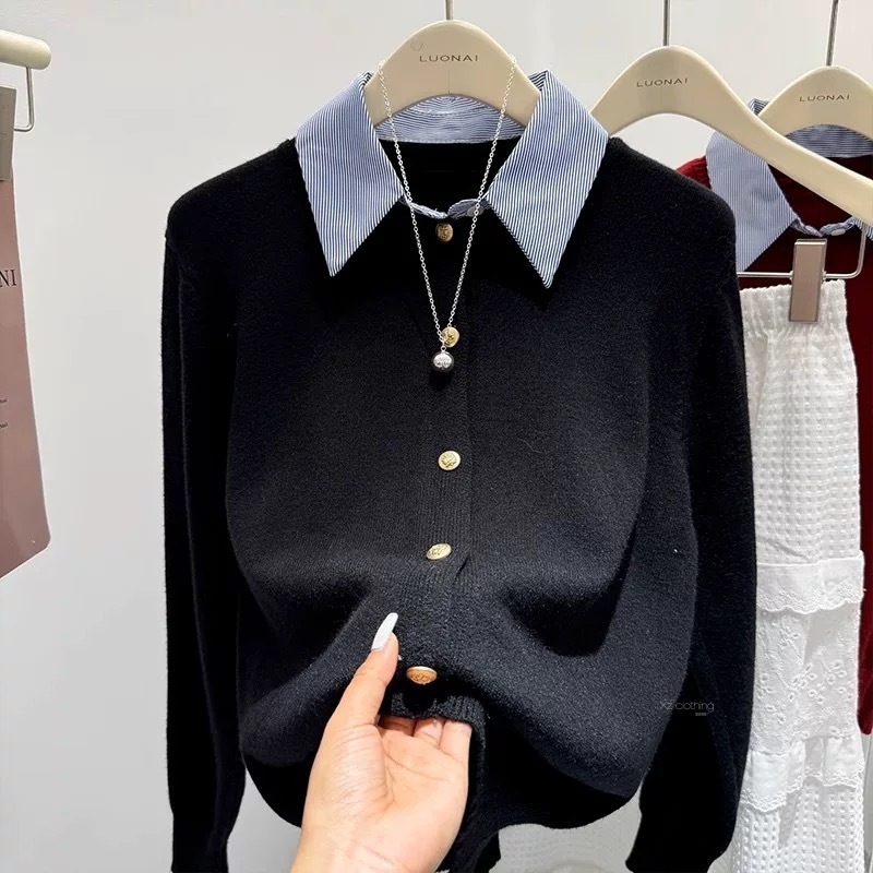 女性用フェイクツーピースニットカーディガン、韓国風春秋新デザイン、コントラストカラーセータージャケット、万能トップトレンド|undefined