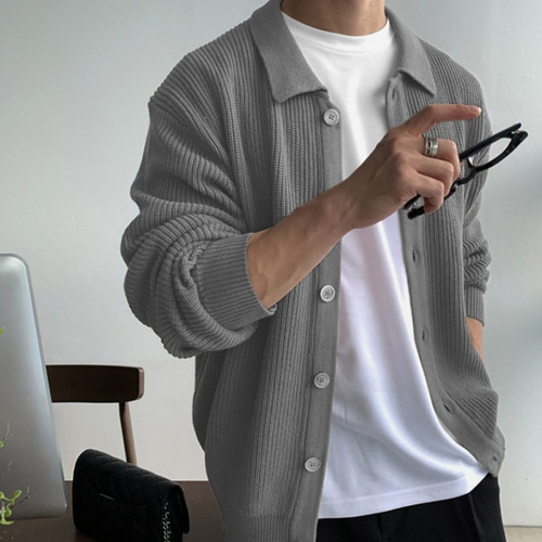 Men's High-End Knit Cardigan Jacket, Spring and Autumn Korean Version, Trendy Casual Collar Woolen Coat in Navy Blue