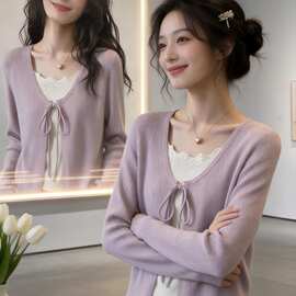 假两件蕾丝花边针织毛衣女2026秋季新款显瘦法式系带蝴蝶结上衣潮