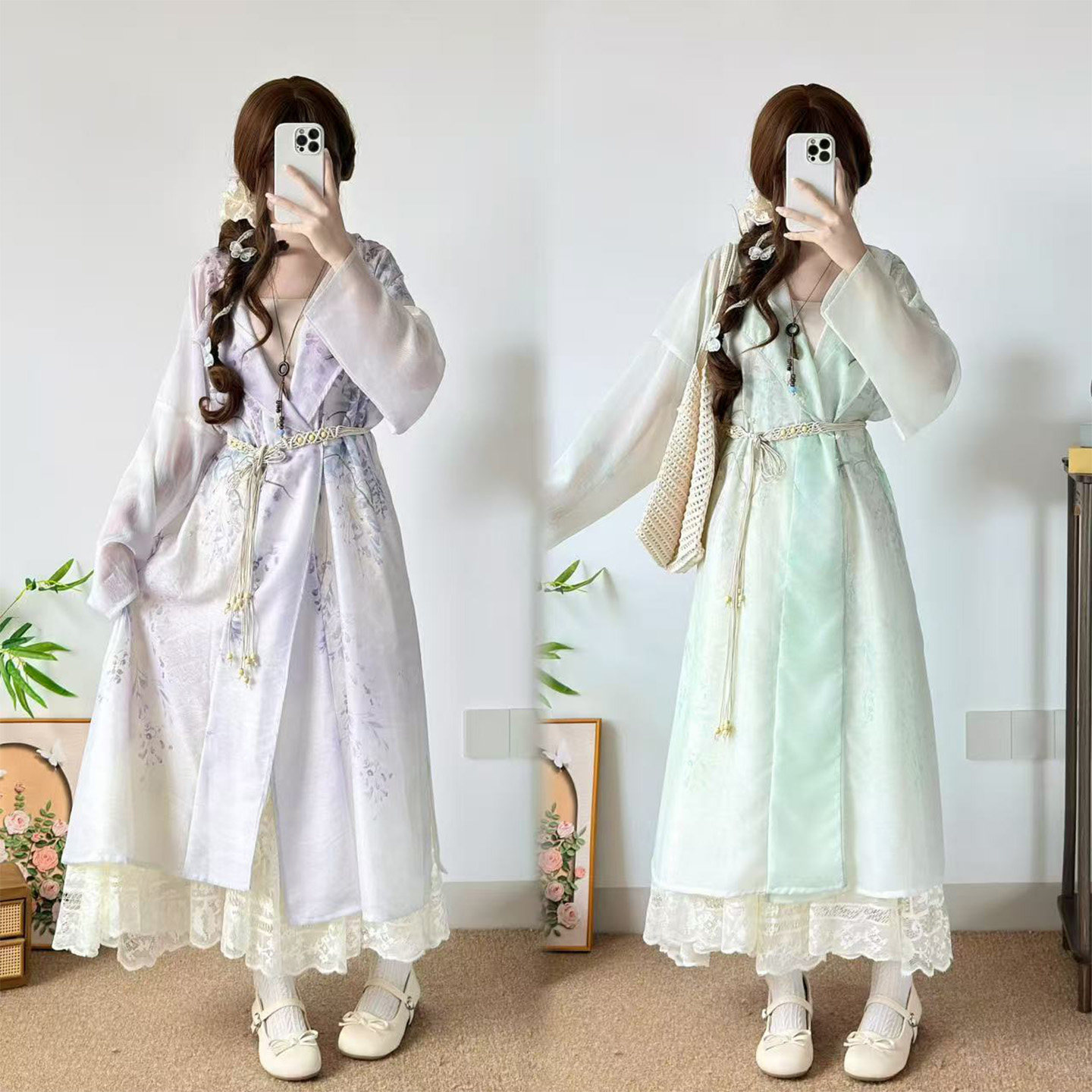 Original Hanfu for Women, Round Neck Robe with Han Elements, Ancient Style Fairy Dress, Loose Fit, Floral Print, Lace, Retro, Slimming, Suitable for Spring and Summer