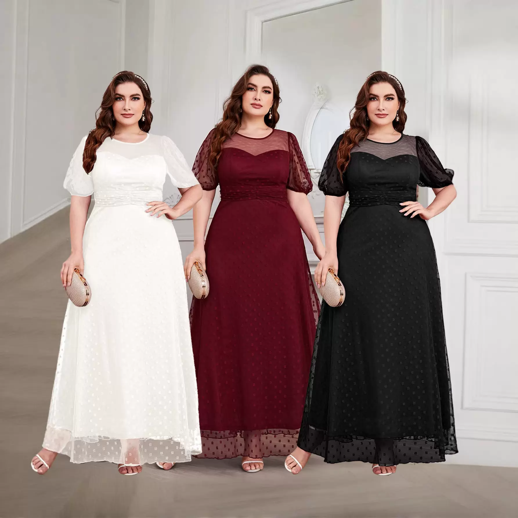 跨境外贸新款时尚优雅蕾丝连衣裙长裙V领欧美大码女装伴娘礼服