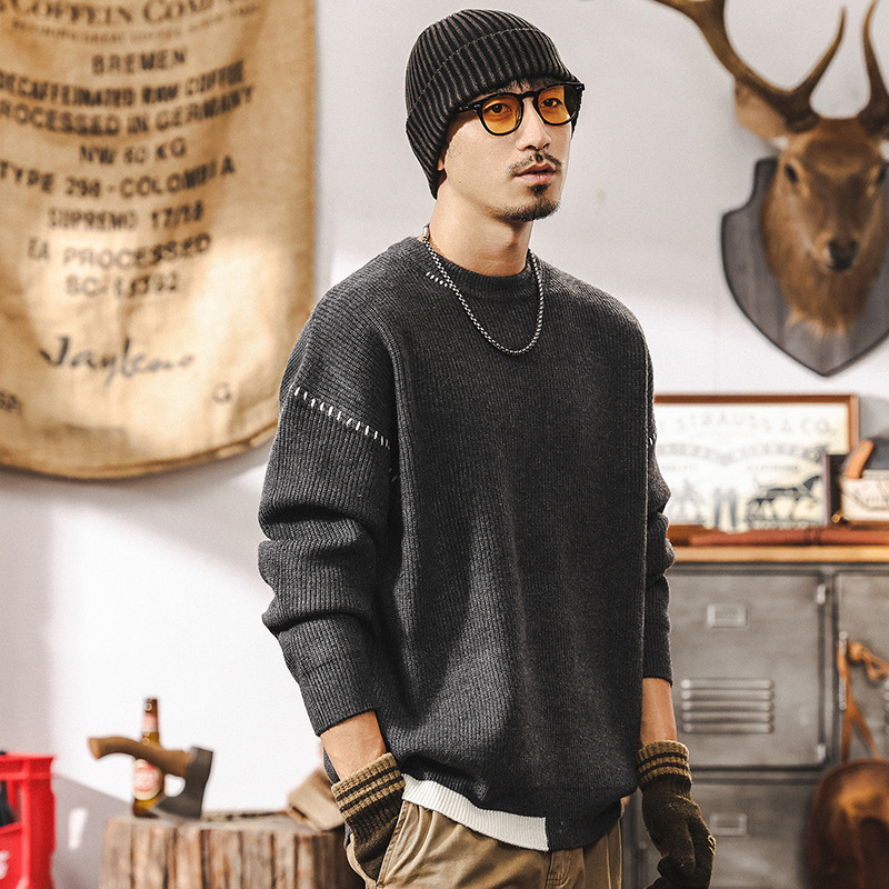 American Retro 660g Heavy Sweater Men's Winter Thickened Fashion Brand Lazy Style Knitted Sweater Men's Autumn and Winter