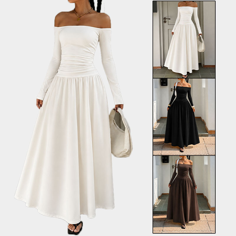 High-End and Elegant One-Line Neckline Long-Sleeved Dress for Women, New Spring and Autumn Style, Off-The-Shoulder, Waist-Cinching, Slimming A-Line Long Dress for Women