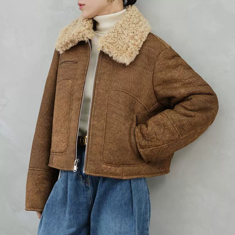 Пальто из ягнёнка One Merid Retro Fur Skin - короткая меховая куртка фиолетового цвета с эффектом стирки, женская зимняя взрывная модель 2024 года
