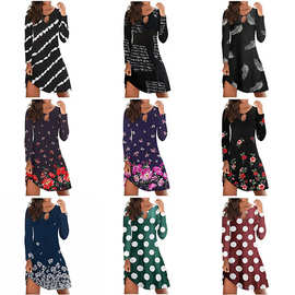 2021独立站亚马逊wish秋季欧美套头波点印花气质通勤女装连衣裙