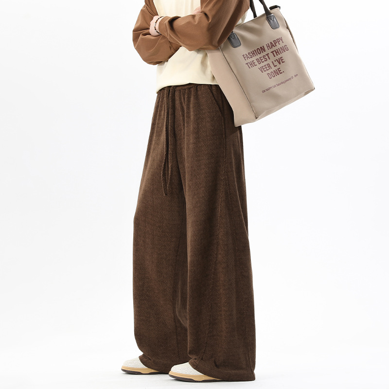 Textured Curved Hem Sweatpants For Men, High-end American Cleanfit Pants, New Spring Straight-leg Drapey Wide-leg Pants_voghion.com