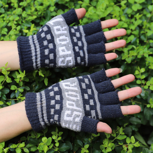 Men's Knitted Half-Finger Woolen Small Embroidered Half-Length Outdoor Warm Knit Gloves Acrylic