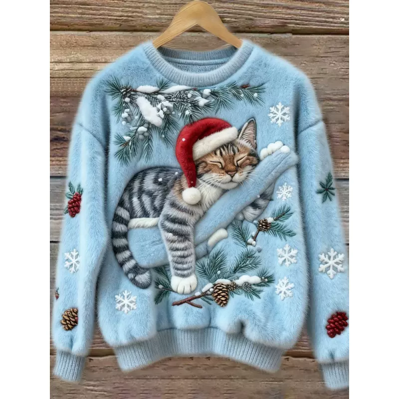 新款跨境独立站亚马逊3D数码印花圣诞节女士法兰绒圆领卫衣秋冬