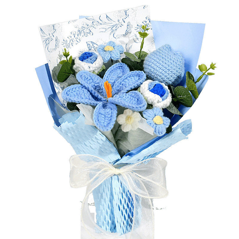 Flores de lana hechas a mano, flores de ganchillo, ramos terminados, tulipanes, rosas, festivales de cumpleaños, novias, ancianos