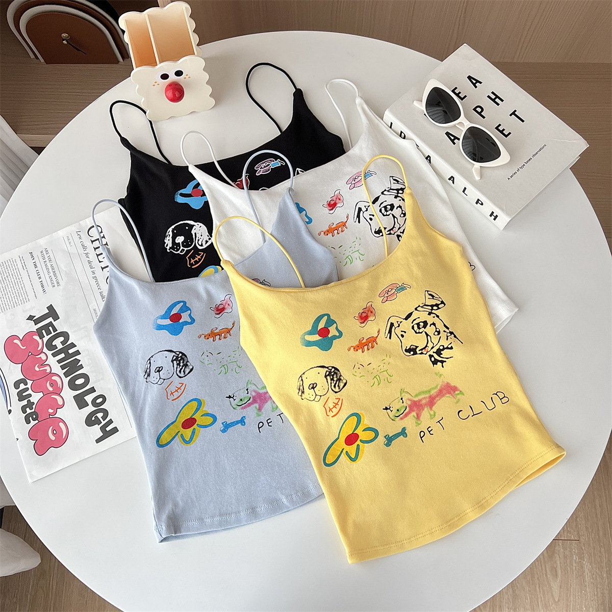 American Style Sweet Spice Girl Cartoon Printed Camisole Vest Women with Chest Pad Outer Wear Inner Beautiful Back Sleeveless Base Top Women