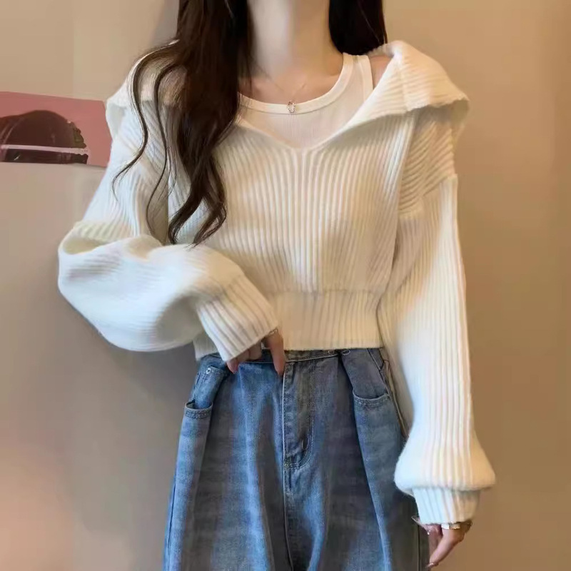 Korean Style V-Neck Sweater Autumn and Winter New Fashion Loose Lazy Short Outer Wear Pullover Long Sleeve Sweater